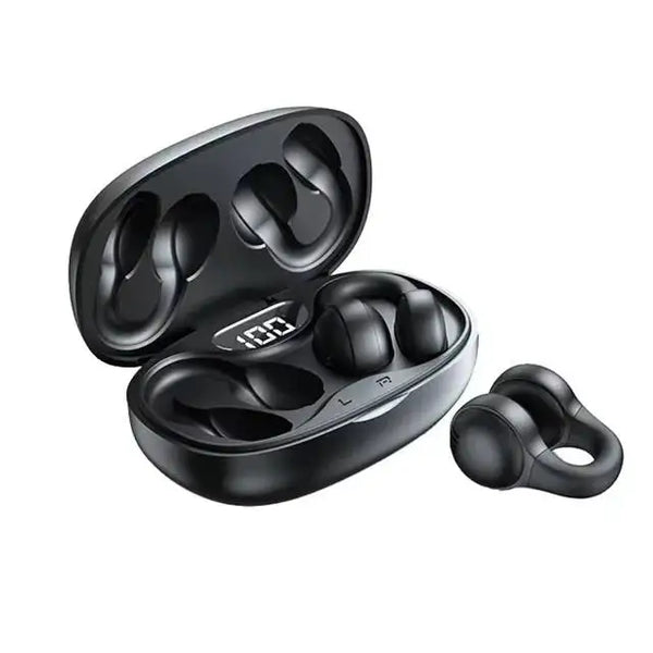 X58 TWS Wireless Ear Clip Sports Headphones in charging case with earbuds.