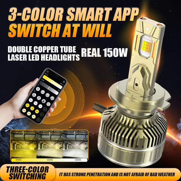 High Power LED Canbus Headlight Bulbs featuring 3-color smart app control and double copper tube design for enhanced visibility.