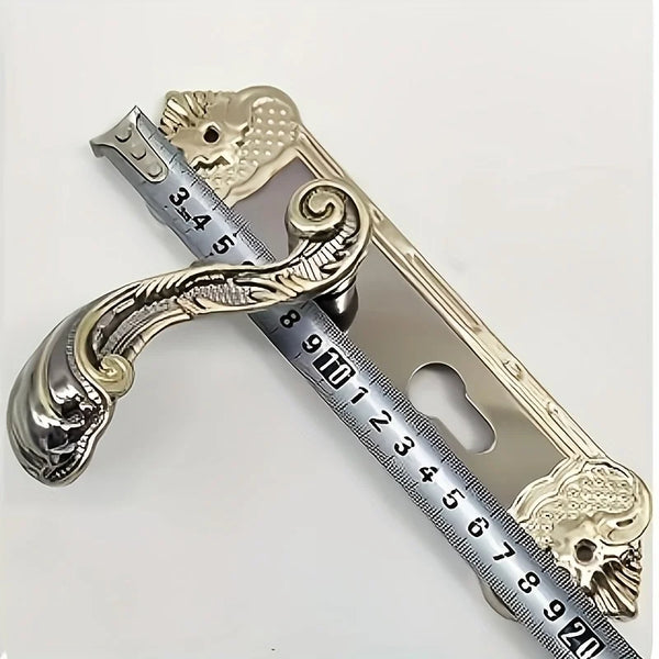 European Retro Style Door Lock set featuring vintage handle and measurement ruler for size reference.