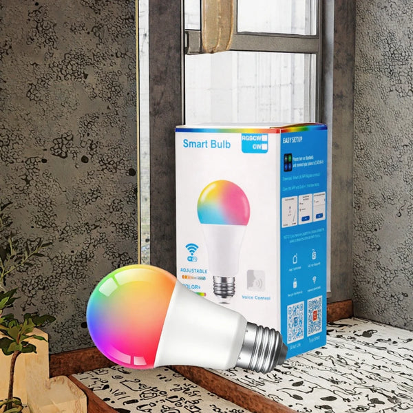 WIFI Smart LED Light Bulb A19 9W E26 110V-220V Voice Control displayed next to its packaging in a bright room.
