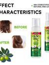 Strong Hold Shine Hair Mousse before and after results, showcasing smooth, defined hair with moisture.