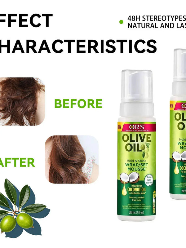 Strong Hold Shine Hair Mousse before and after results, showcasing smooth, defined hair with moisture.