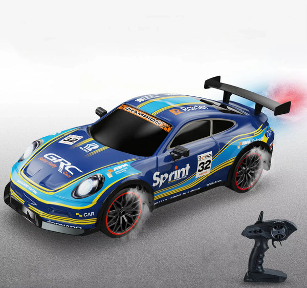 Scale RC Drift Car 4WD High Speed with remote control, designed for sharp turns and high-speed racing.