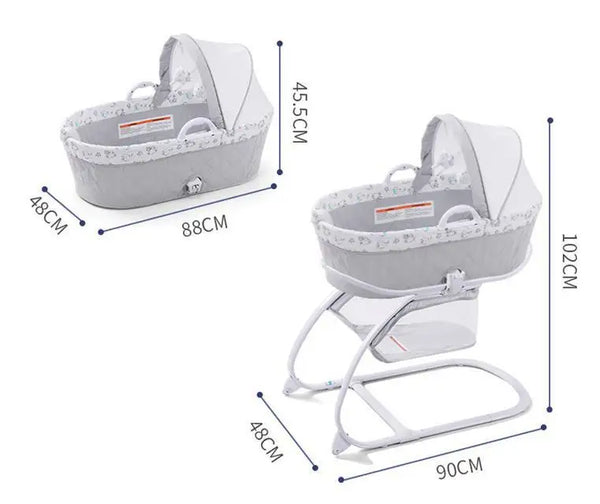 Deluxe 2 in 1 Bassinet & Moses Basket dimensions showing a portable and adjustable design for newborns.