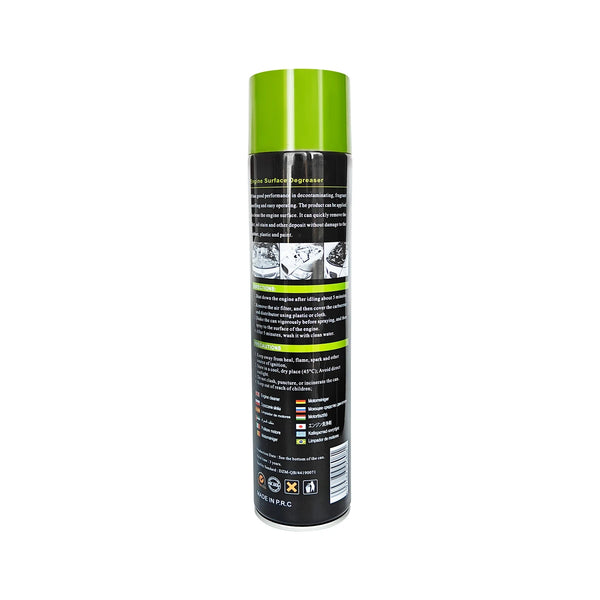 650ml Engine Degreaser Cleaner Spray can with black and green design showing cleaning details on the back.