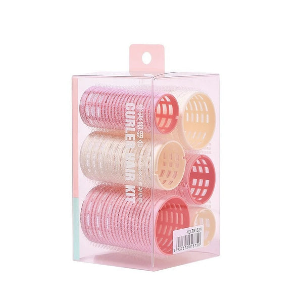 Self-Adhesive Air Fringe Hair Rollers in a clear packaging showcasing various sizes for easy styling.