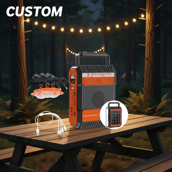 4500mAh Solar Lighting System with Bluetooth Speaker on a picnic table in a forest.