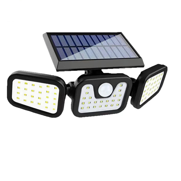 High Brightness 74 LED Solar Wall Light with three LED panels and solar panel for outdoor lighting.
