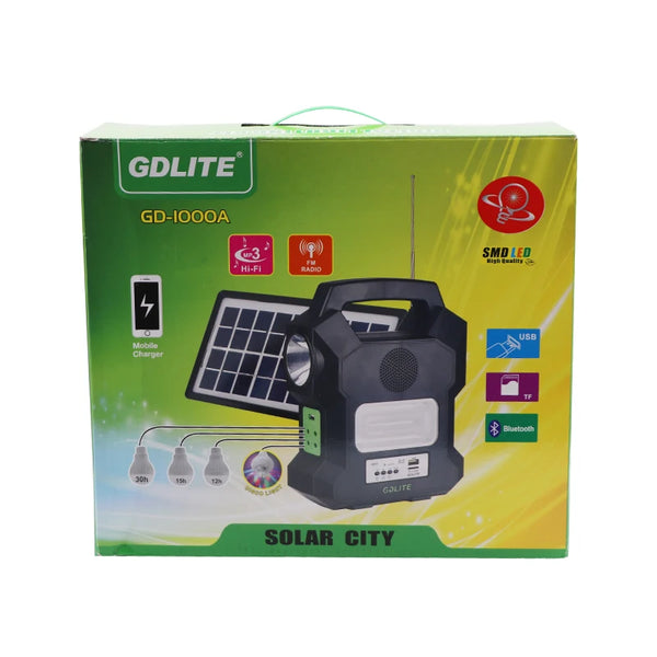 Outdoor IP65 Rechargeable Solar Light in packaging with solar panel, mobile charger, radio, and Bluetooth features.