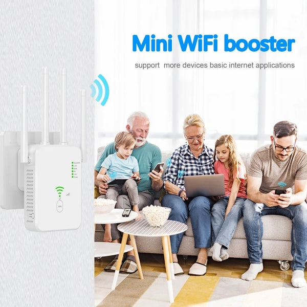 U10 1200Mbps Dual Band 5G WiFi Extender Router enhancing home internet connectivity with family using devices.