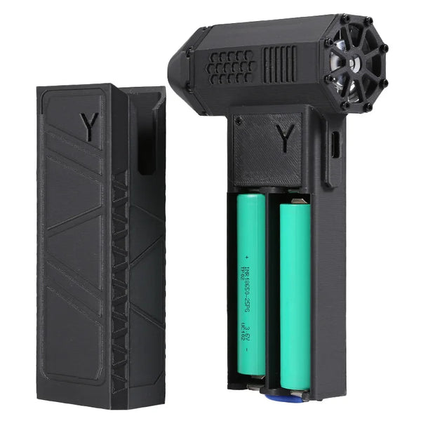 Handheld Turbo Fan Powerful Cordless Air Blower showing black design with battery compartment and green batteries.