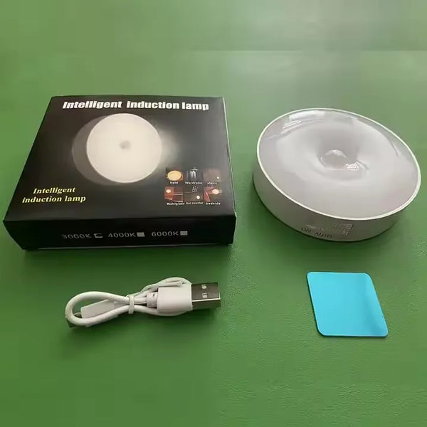 Rechargeable Motion Sensor LED Night Light with USB cable and packaging displayed.