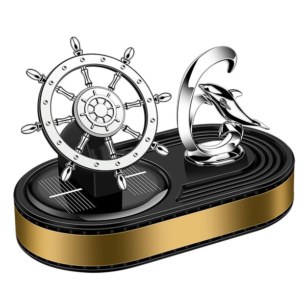 Solar LED Rotating Anchor Car Air Freshener featuring a ship's wheel and dolphin design.