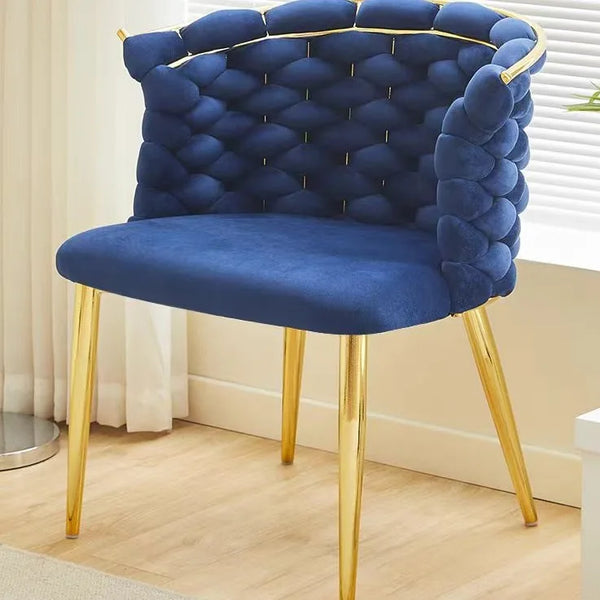 Luxury Rope Accent Dining Chair with Backrest in blue velvet and gold legs, adding chic style to any space.