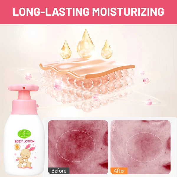 Natural Baby Moisturizing Body Lotion showcasing its long-lasting moisturizing benefits with before and after skin results.
