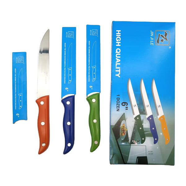 Stainless Steel Ultra Sharp Fruit Knife set displayed with colorful handles and packaging, ideal for kitchen use.