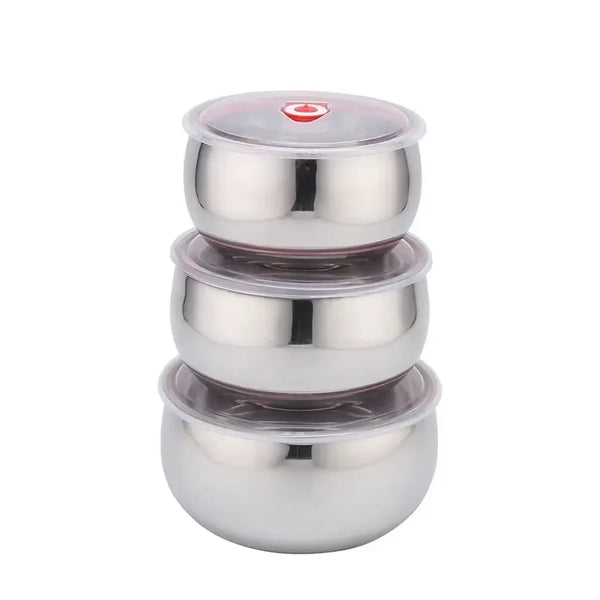 3pc Stainless Steel Food Container set stacked with transparent lids for meal prep and leftovers.