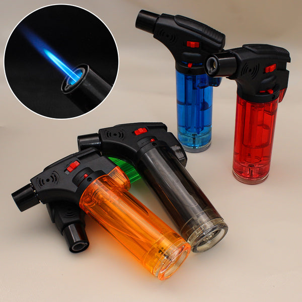 Refillable Butane Jet Torch Lighter 12 Piece Display in various colors with a blue flame ignited.