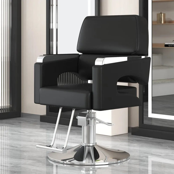 Stylish Heavy Duty Hydraulic Pump Reclining Chair with black upholstery in a modern salon setting.