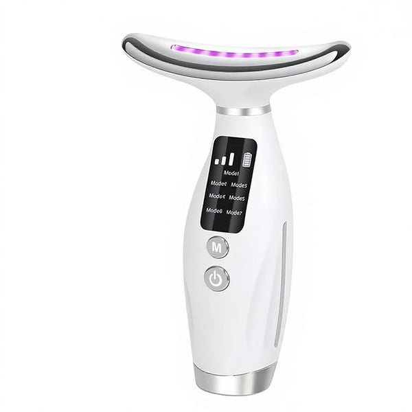 7 in 1 Facial and Neck Massager device with LED lights and multifunctional settings for skin rejuvenation.
