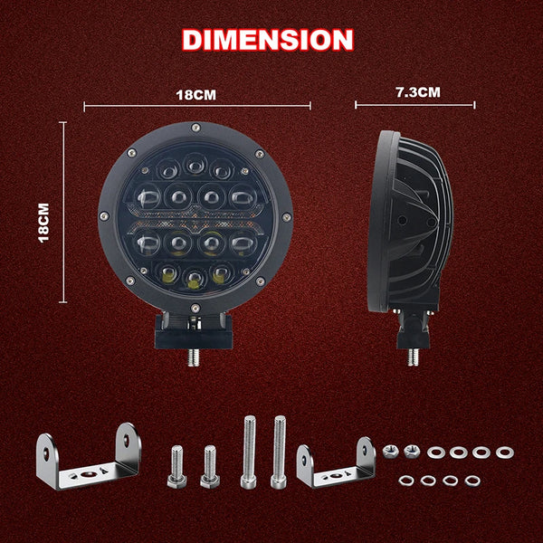 Round LED Strobe Warning Light 12V dimensions showing 18CM and 7.3CM size with mounting hardware.