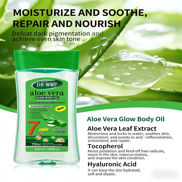 Aloe Vera Anti-Aging Body Massage Oil with moisturizing ingredients to repair and nourish skin, in green packaging.