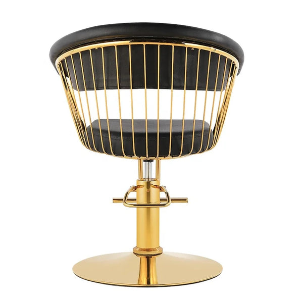 Black Beauty Salon Hydraulic Lifting Chair with gold metallic base and black cushioned seat for barbershops.