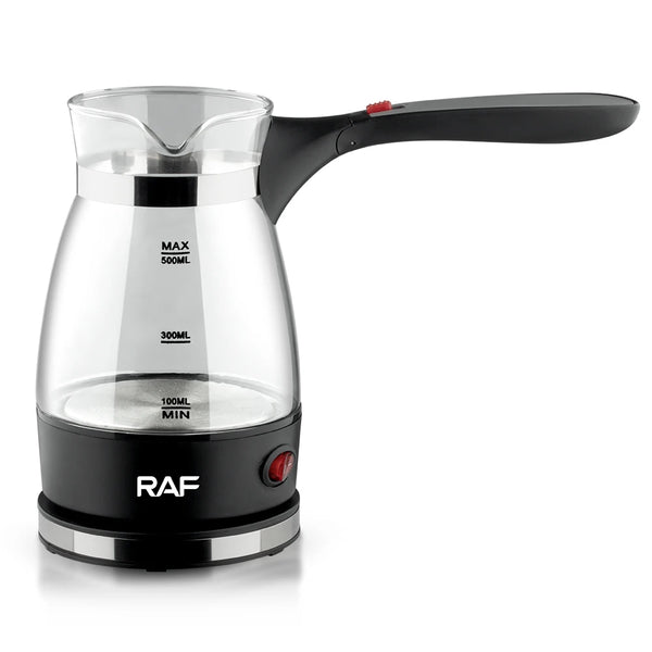 Electric Turkish Coffee Maker with Glass Pot and Foldable Handle for brewing authentic Turkish coffee at home.