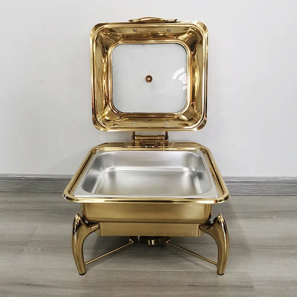 Gold Stainless Steel Square Chafing Dish with Flip Top open showcasing elegant design and spacious interior.