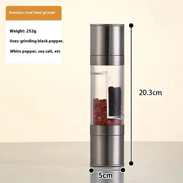 2-in-1 Stainless Steel and Bamboo Manual Grinder showcasing its dual-chamber design for salt and pepper.