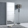 5 Tier Mirrored Shoe Cabinet with Flip Down Drawers next to a stylish lamp in modern decor setting.
