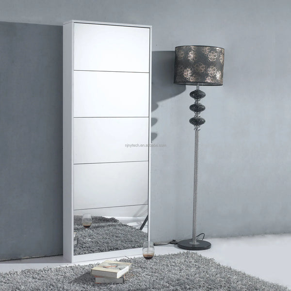 5 Tier Mirrored Shoe Cabinet with Flip Down Drawers next to a stylish lamp in modern decor setting.
