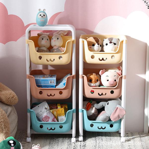 Childrens Car-Shaped Storage Rack for Toys featured with colorful bins for organizing toys and plush animals.