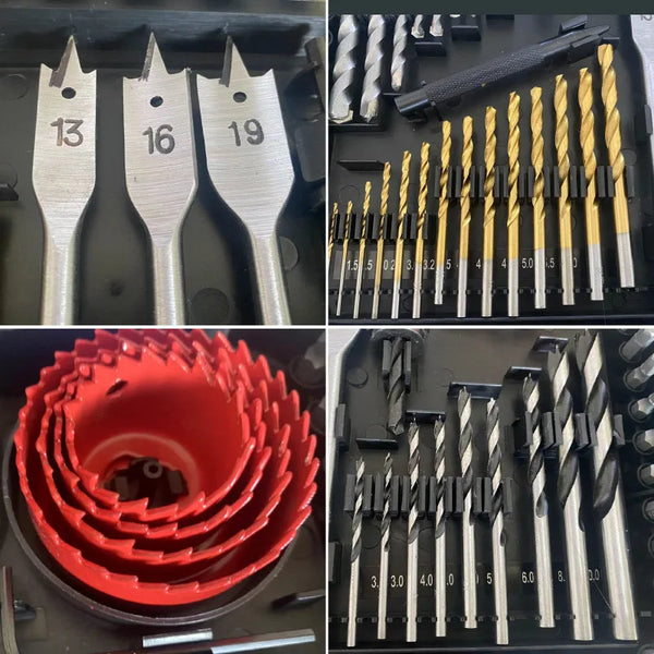 100 Piece Multifunction Drill Bit Kit for Wood Metal and Concrete, showcasing various drill bits and hole saws.