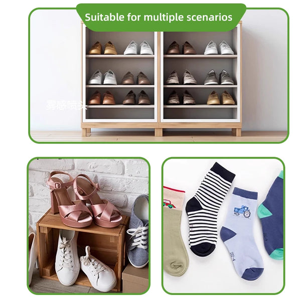 Image showcasing various shoes and socks stored neatly, highlighting the use of Shoe Deodorant Spray for freshness.