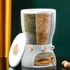Multi-Compartment Plastic Grain Dispenser with three compartments for organized storage of dry goods.
