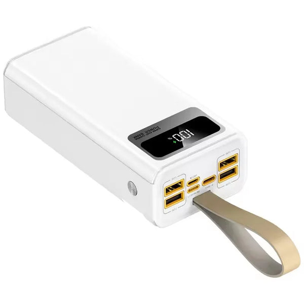 High Capacity Portable Power Bank with LED Light showing multiple USB ports and digital display for charging devices.