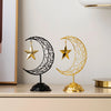 Moon and Star Ramadan Decor Set featuring black and gold decorative pieces on a shelf for festive home interiors.