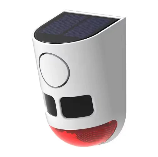 Solar Garden Light Motion Sensor Alarm with solar panel, motion detector, and flashing red light for perimeter security.