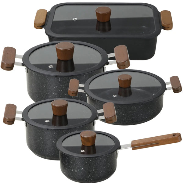 Black Stainless Steel Double Bottom Cookware with Glass Lids