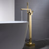 Freestanding Matte Black Square Bathtub Faucet next to a modern white bathtub in a contemporary bathroom setting.
