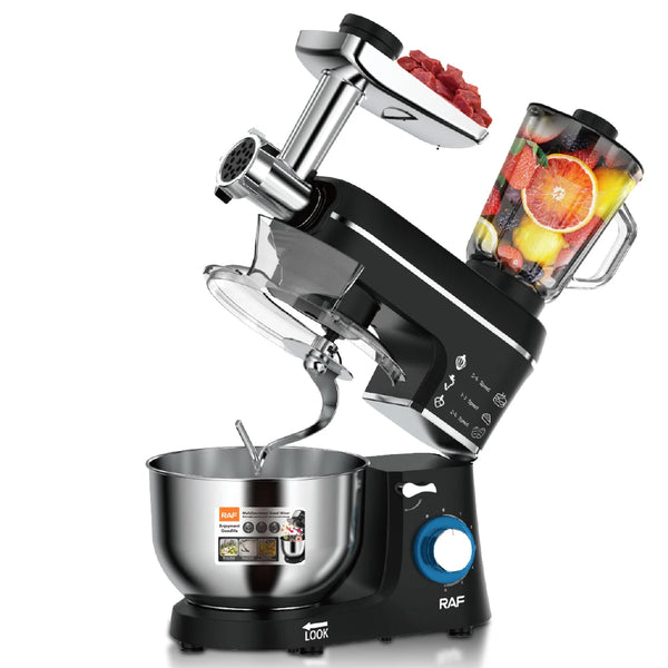 1400W Multifunction Stand Mixer with Meat Grinder featuring a mixing bowl, meat grinder, and blender on top.