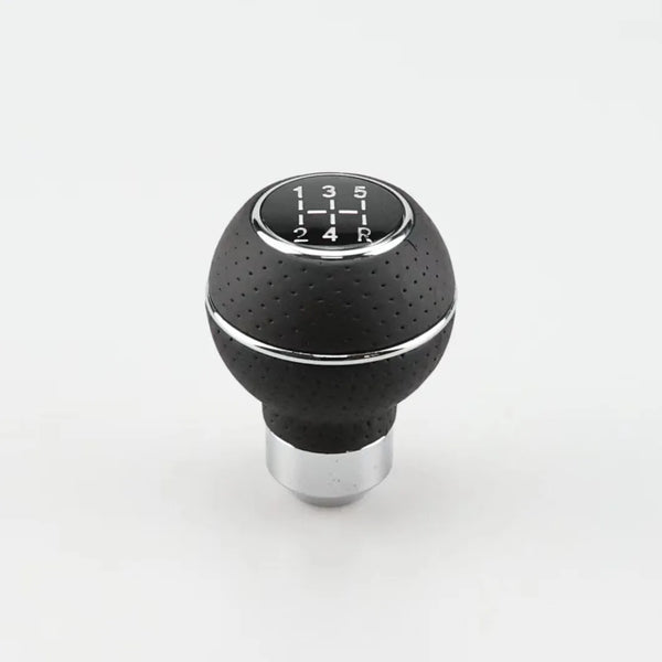 Universal 5-Speed Leather Gear Shift Knob with chrome base and textured grip for precise shifting.
