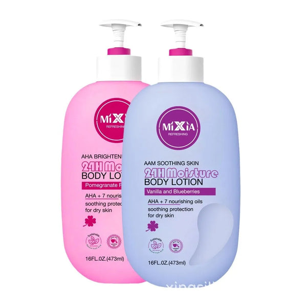 AHA Soothing 24H Moisture Body Lotion in pink and blue bottles with soothing skin benefits and hydration for dry skin.