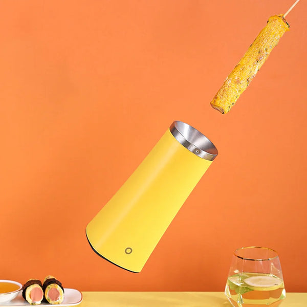 Automatic Egg Roll Maker displaying a yellow design with egg rolls being prepared against an orange background.