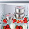 3pc Stainless Steel Food Container set stored in a refrigerator with fresh strawberries.