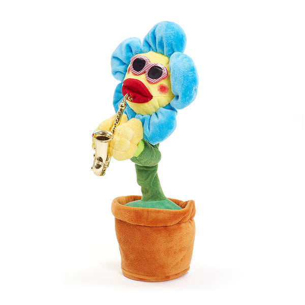 English Singing Dancing Cactus Plush Toy with colorful flower playing saxophone.