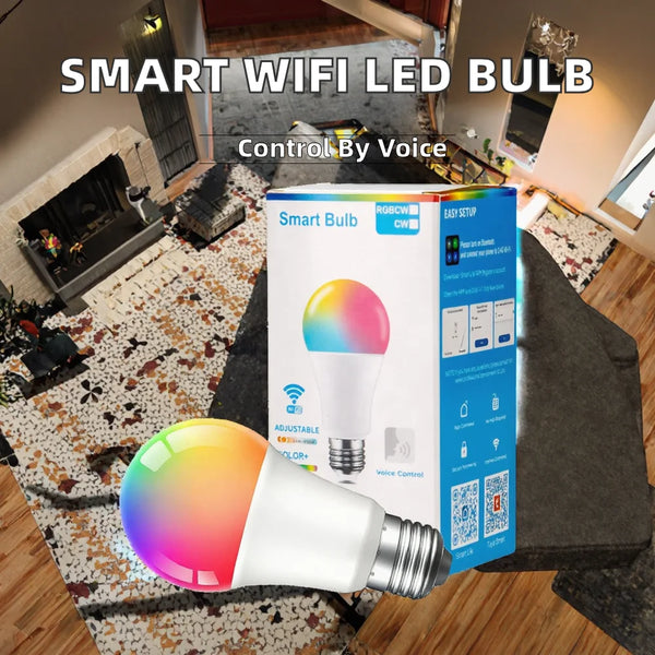 WIFI Smart LED Light Bulb A19 9W E26 110V-220V Voice Control displayed in a modern living room setting.