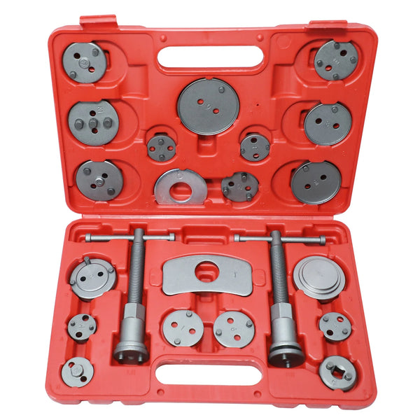 21pc Universal Brake Caliper Wind Back Tool Kit tools displayed in red carrying case.