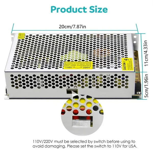 Image showing the specifications and dimensions of Switching Power Supply 220V 12A for access control systems.